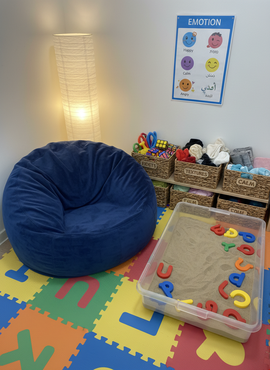 A colorful sensory regulation corner designed for children with autism and developmental delays, shown in detailed photographic style. A large beanbag in soft, velvety navy fabric sits on a thick, foam puzzle mat made of interlocking pieces in muted primary colors. Beside it stands a transparent sensory bin filled with kinetic sand and smooth, oversized plastic letters in Hebrew and Arabic. On the wall, a bilingual emotion chart with clear, friendly icons is mounted above a row of labeled baskets containing fidget tools and textured fabrics. Warm, indirect lighting from a floor lamp with a fabric shade creates a cozy, cocoon-like atmosphere. Captured from a slightly elevated, wide-angle perspective, the image emphasizes comfort, choice, and self-regulation in a playful, non-clinical environment, with no people present.