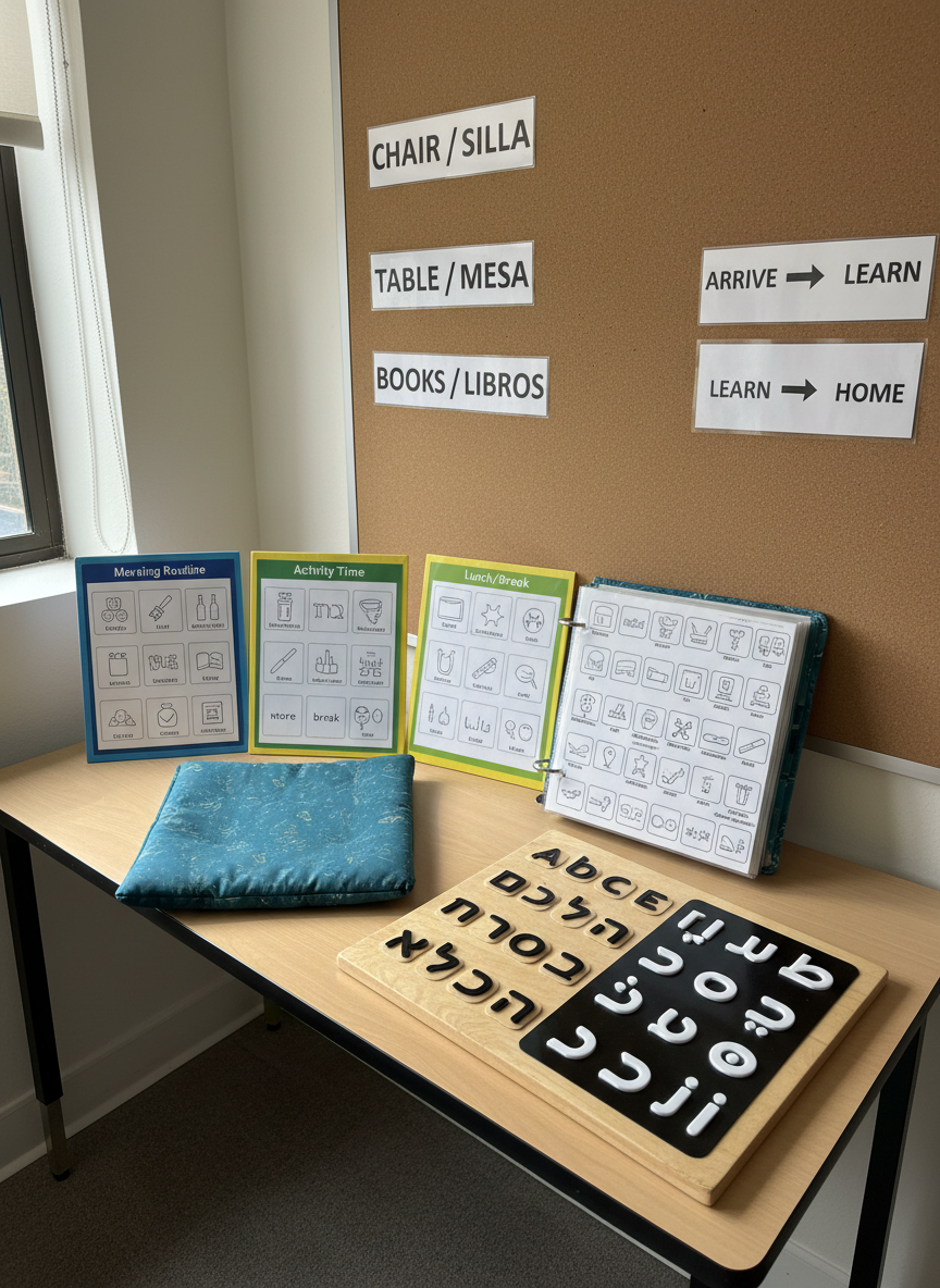 A meticulously organized adapted classroom desk set up for individualized learning, captured in photographic realism. On a smooth light-birch tabletop lie color-coded visual schedules with simple icons, a thick communication binder with velcro-backed picture symbols, and a tactile alphabet board featuring raised Hebrew and Arabic letters in contrasting textures. A soft, weighted lap pad rests folded at the edge of the desk, its fabric a soothing deep teal. Behind the desk, a corkboard displays large, clear bilingual labels and simple routines. Diffused overhead lighting and a nearby window create even, gentle illumination with minimal harsh shadows. The composition is a centered, slightly elevated shot that keeps all key tools in sharp focus, evoking a sense of order, safety, and calm support for children on the spectrum or with developmental delays.