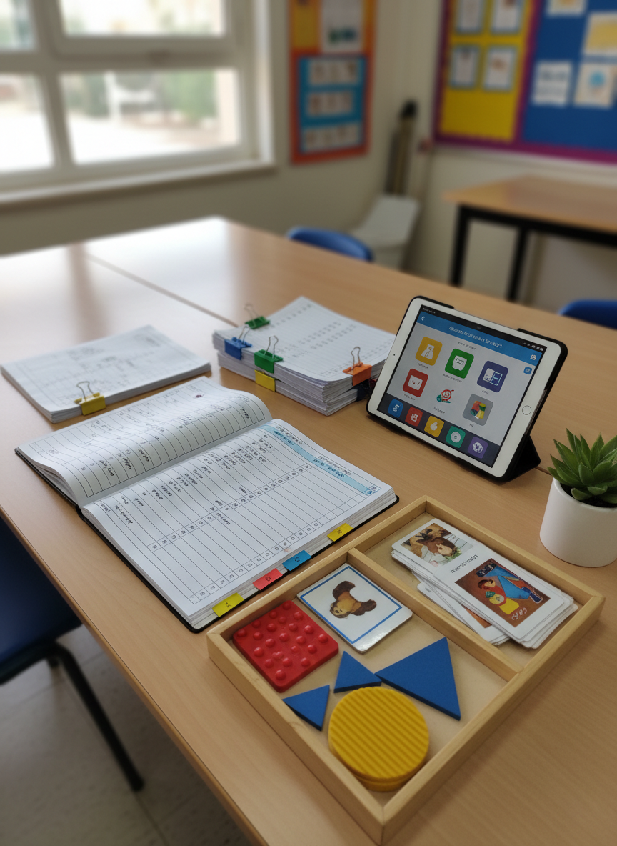 A carefully arranged assessment and planning station for individualized, adapted learning in a bilingual classroom, rendered in realistic photographic style. On a wide, pale-wood desk sits an open planner with color-coded sections labeled in Hebrew and Arabic, alongside stacks of differentiated worksheet sets clipped with large, colorful binder clips. A digital tablet displays a simple, icon-based communication app screen in both languages, while a tray holds testing materials like picture matching cards and textured geometric shapes. A small potted plant adds a touch of green near the desk’s edge. Soft, indirect daylight from a nearby window mixes with cool, even overhead lighting, resulting in a clear, low-shadow environment. Shot from a three-quarter overhead angle with moderate depth of field, the image communicates professionalism, structure, and gentle care for children on the spectrum or with developmental and language delays.